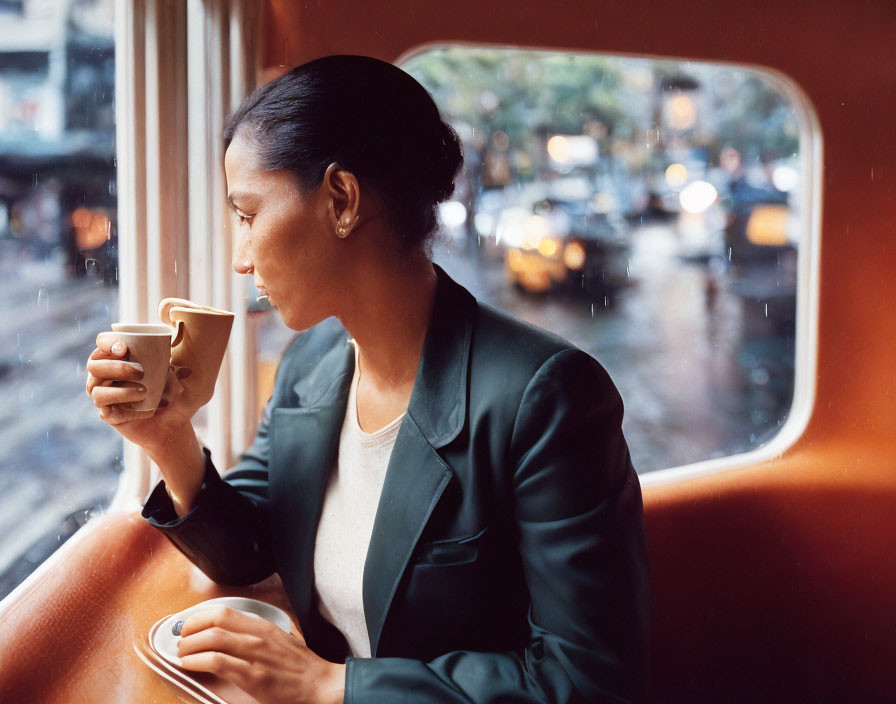 Woman enjoying coffee by rainy street with yellow cabs view