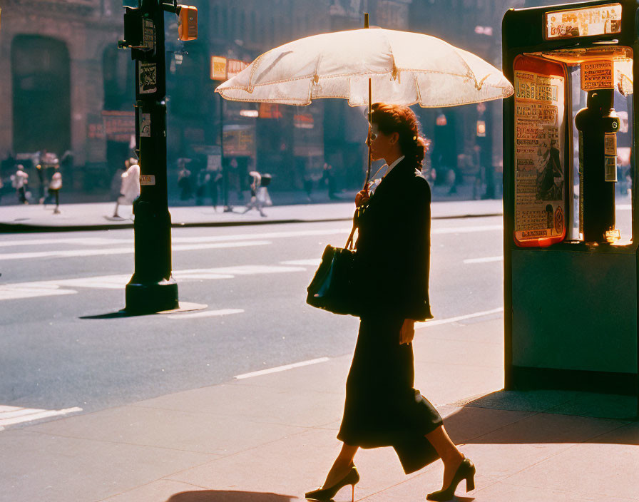 Woman with white parasol walking on sunny street with city background