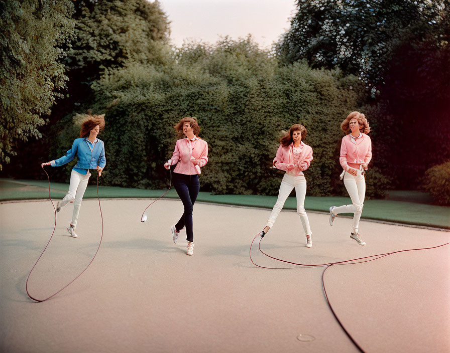 Four Women in Retro Sportswear Skipping Rope on Tennis Court