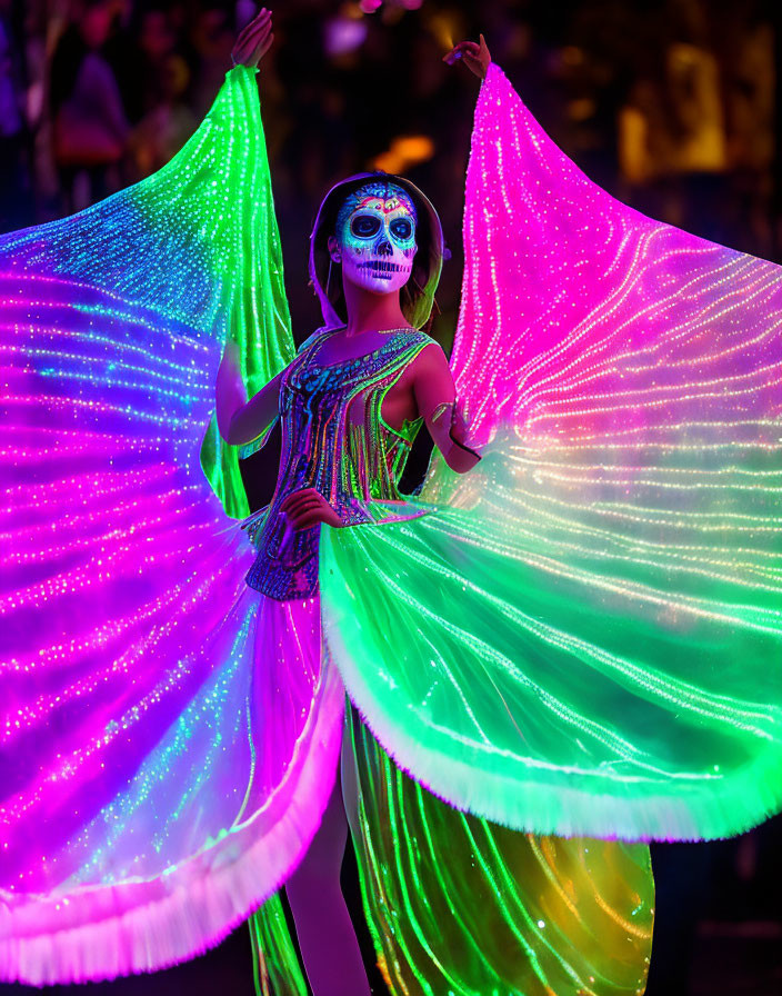 Colorful Sugar Skull Face Paint and Wing Costume Performer in Festive Setting