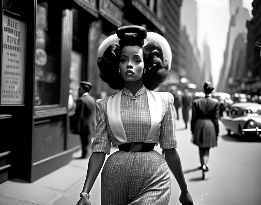 Monochrome image of stylish woman with voluminous hair on vintage city street