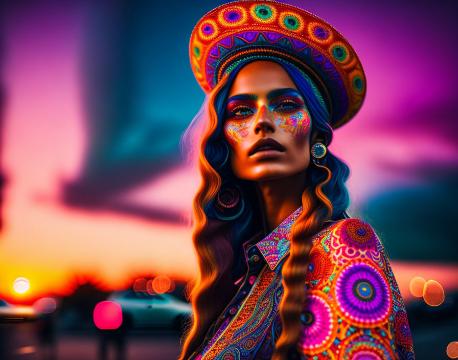 Colorful sombrero woman with vibrant face paint against city sunset.