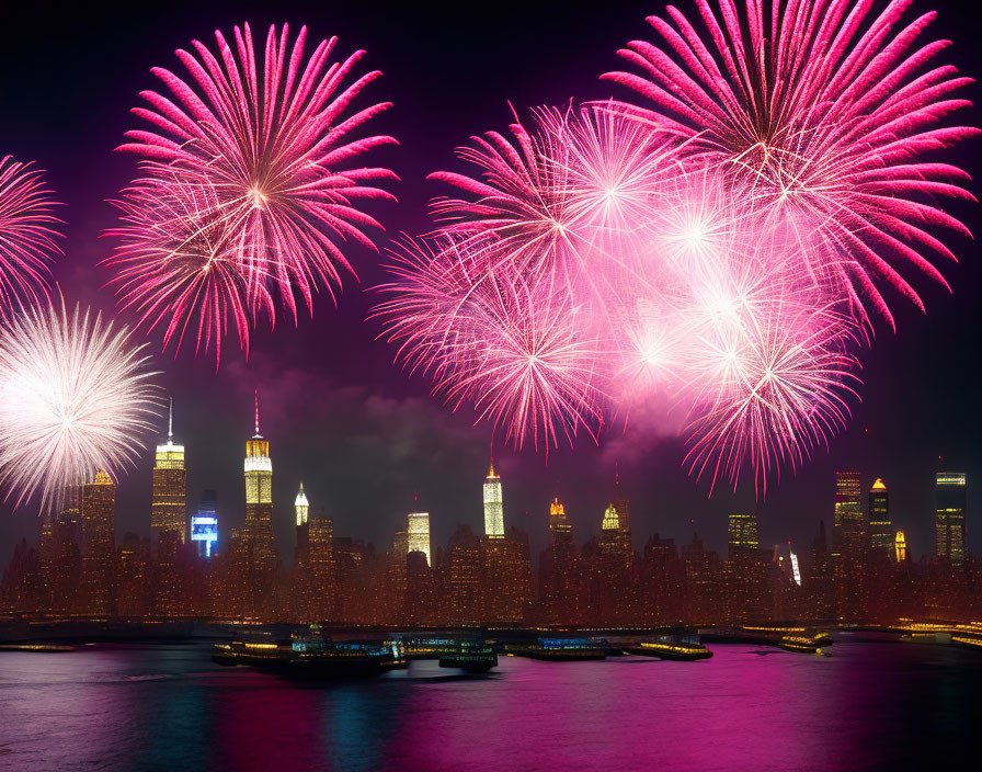 Vibrant pink fireworks above city skyline at night