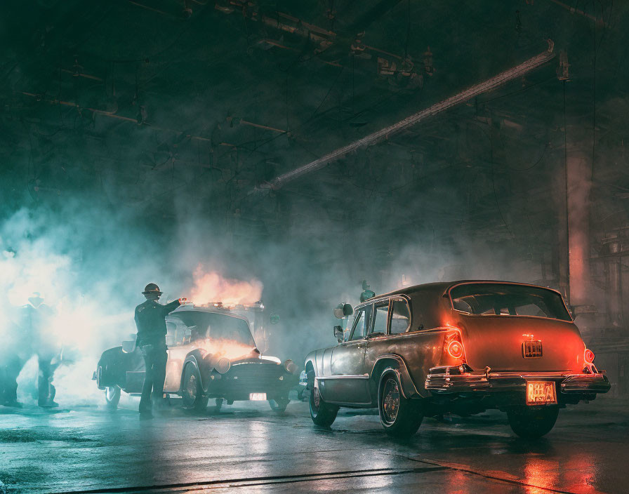 Vintage cars and figure in hat in dimly lit warehouse.