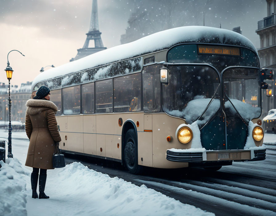 Person standing in snow with vintage bus and Eiffel Tower in background