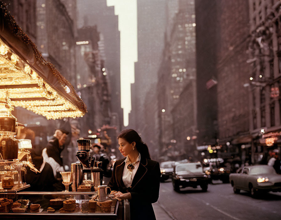 Woman tending ornate street coffee stall in retro cityscape.