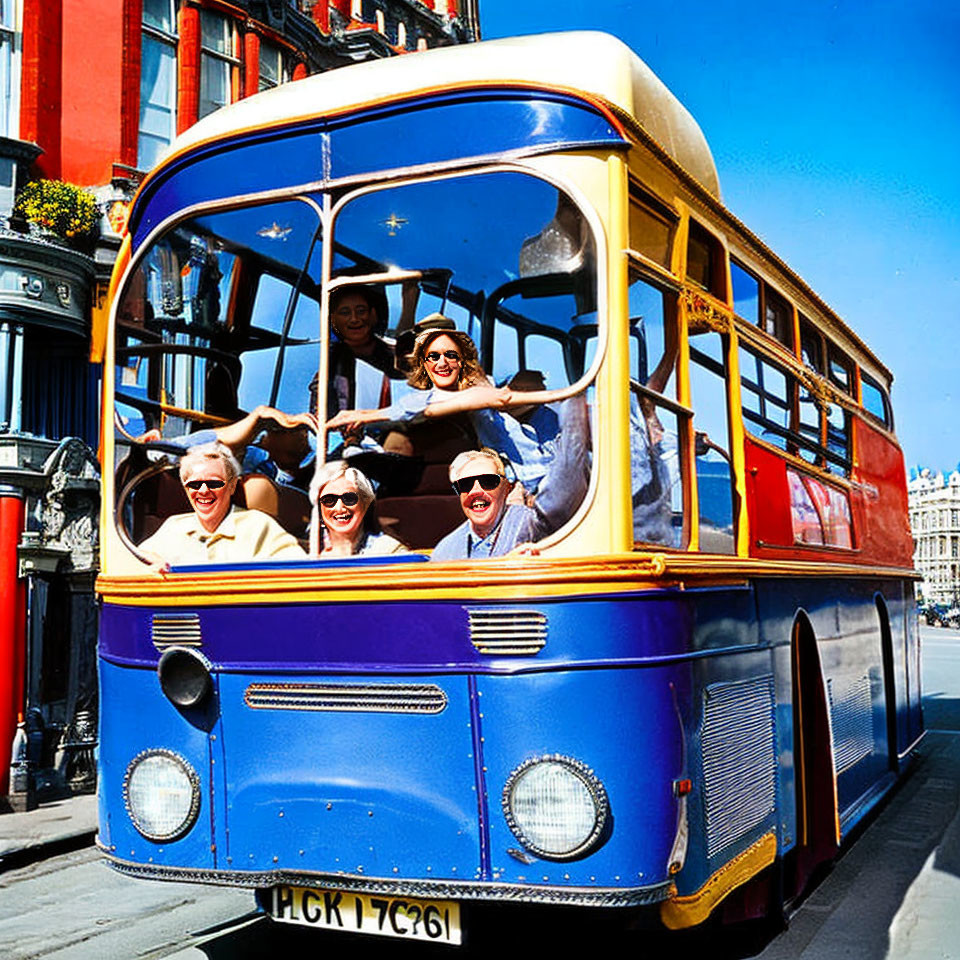 Cheerful people waving from vintage double-decker bus on sunny street