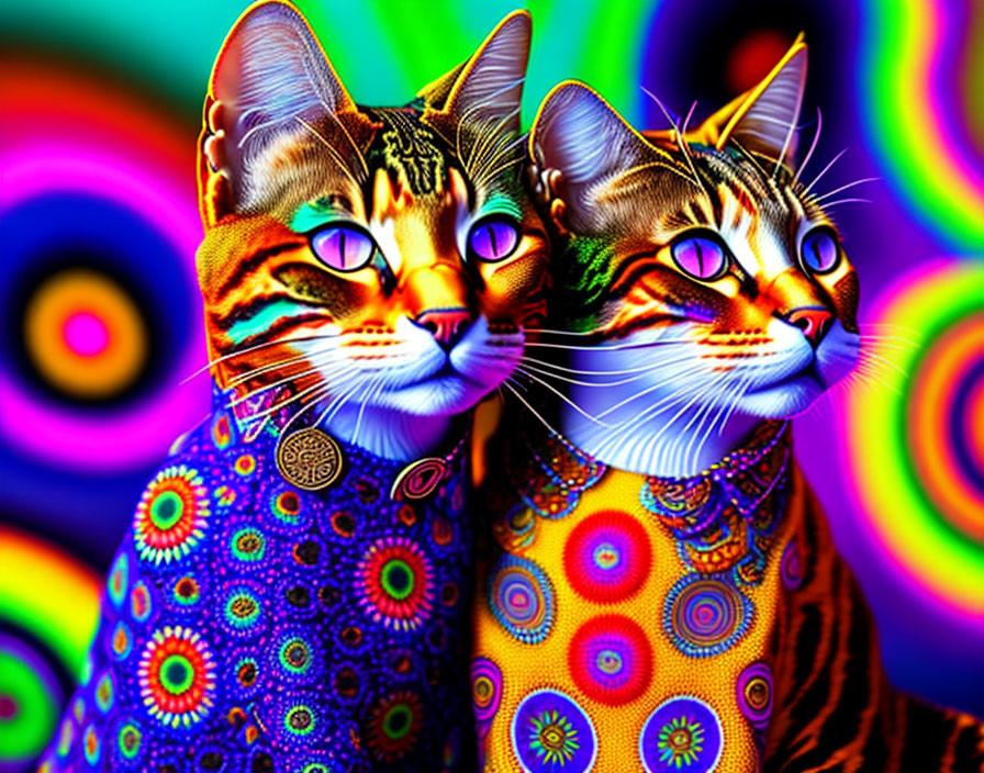 Multicolored psychedelic cats on vibrant background