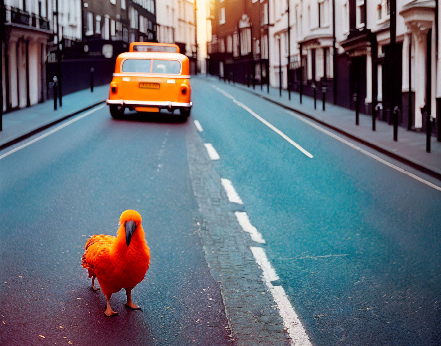 Orange bird and classic bus in surreal city scene at dusk