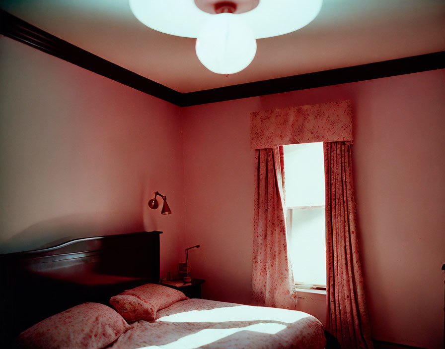 Pink Curtains, Dark Headboard, Soft Lighting in Cozy Bedroom