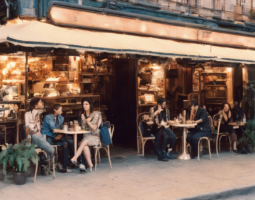 Vintage Street Cafe Scene with Cozy Outdoor Seating