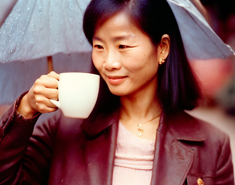 Smiling woman with white cup under umbrella in leather jacket and pink shirt