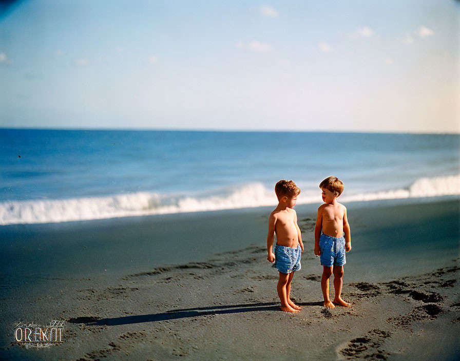 Two boys in swim trunks on sandy beach with ocean and blue sky.