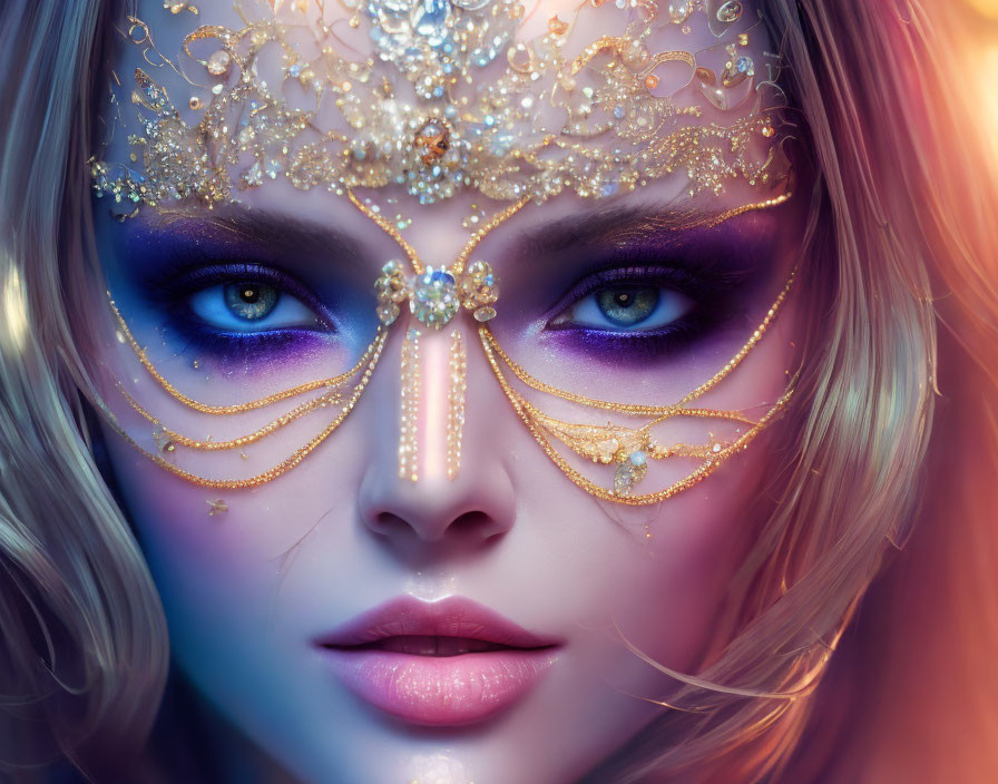 Close-up of person with vivid blue eyes in gold masquerade mask and purple eye makeup