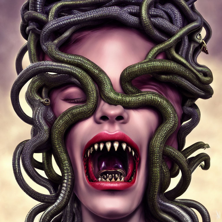 Person's face entwined by serpents, mouth agape with sharp teeth, eyes hidden