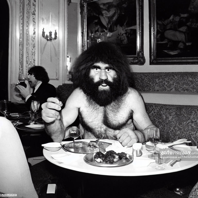 Bearded man in caveman attire dining in elegant room