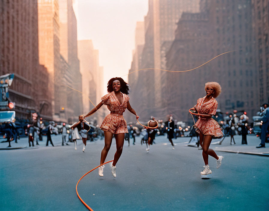 Women Jumping Rope in City Street with Onlookers and Tall Buildings