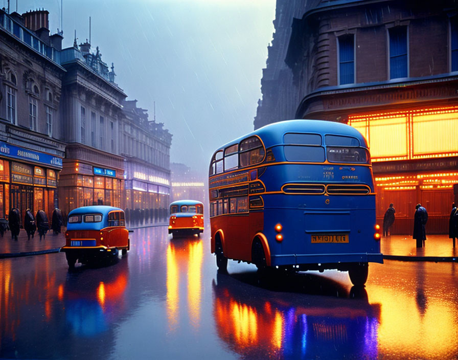 Vintage double-decker bus and classic car on rainy city street at twilight