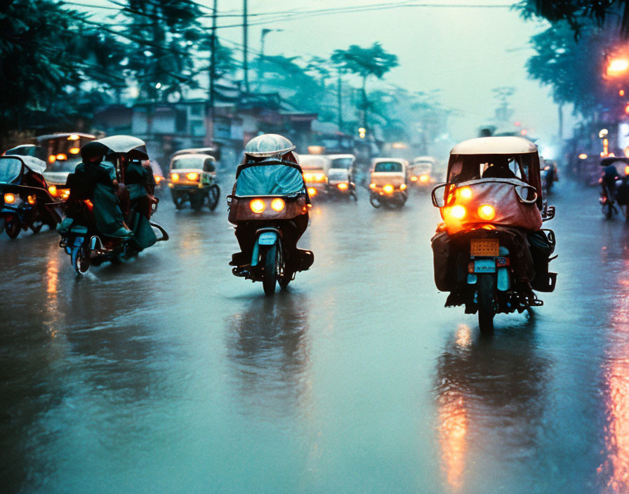 Vehicles navigate flooded city street in heavy rain