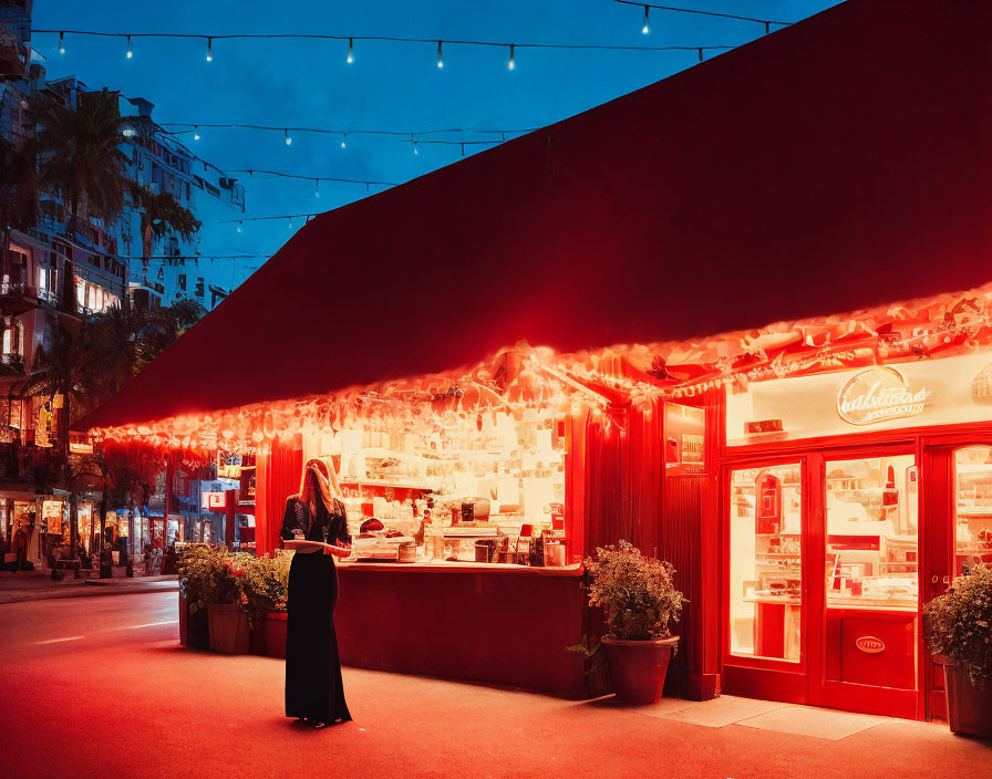 Person outside red-lit cafe at dusk with warm interior and street ambiance