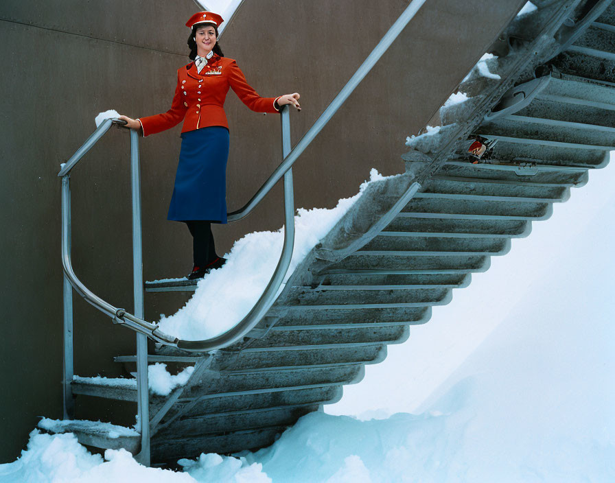 Red Uniform Flight Attendant Descends Snowy Airplane Staircase