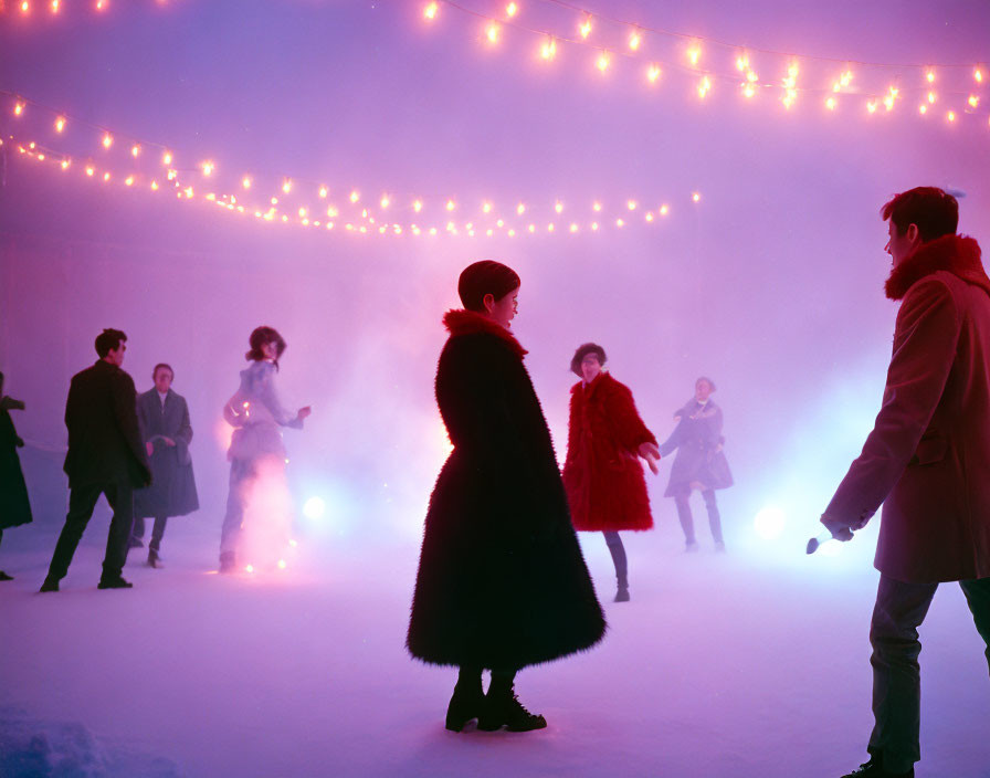 Group of people in winter coats at foggy outdoor party with hanging lights