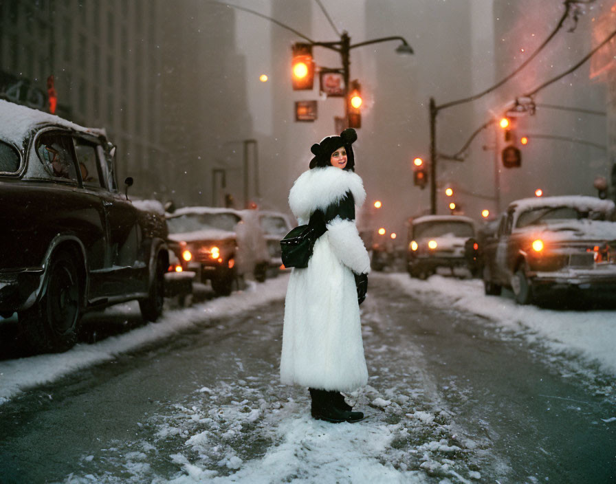 Woman in white fur coat and black hat on snowy street with vintage cars and city background.