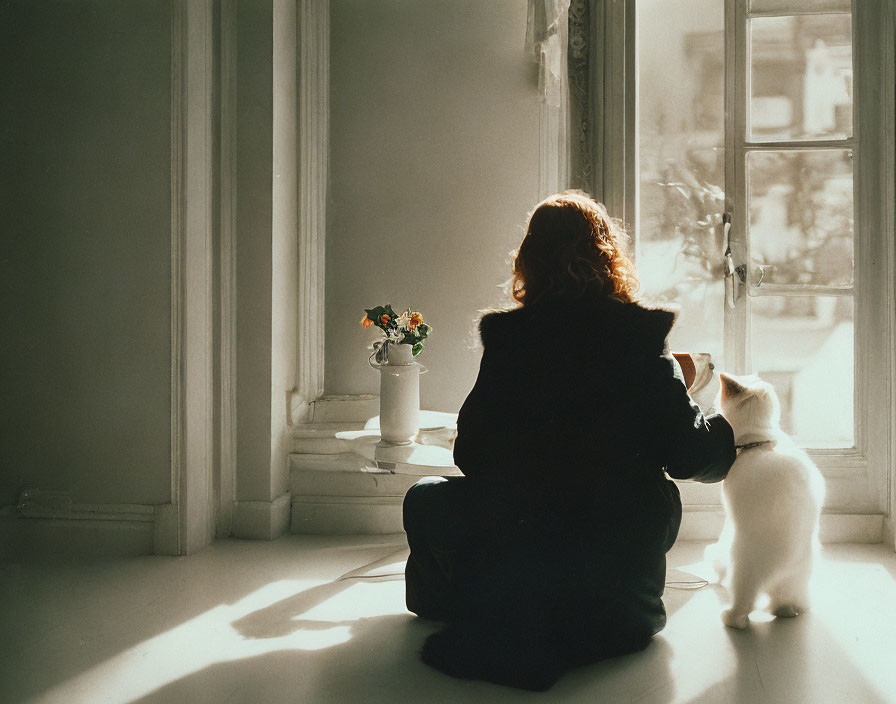 Person and cat by sunlit window with cup, flowers - serene scene.