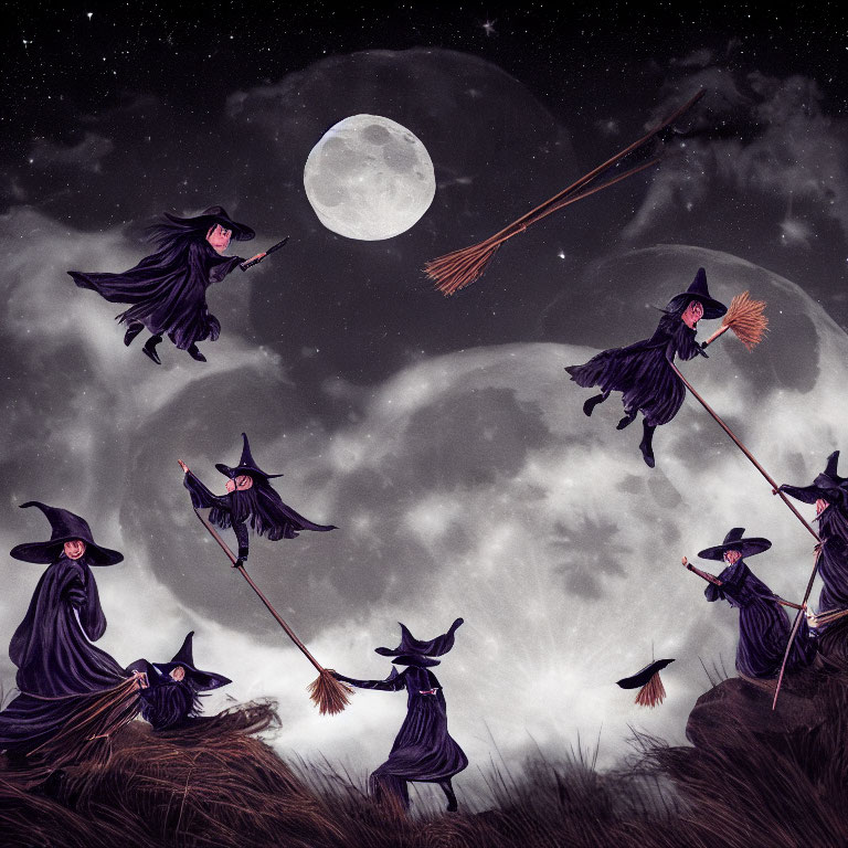 Group of witches flying on broomsticks under full moon