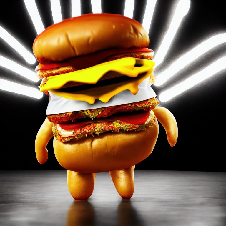 Stylized cheeseburger with animated legs on black background