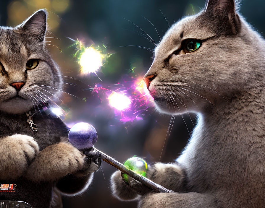 Realistic cats with magical staff and sword in enchanted standoff