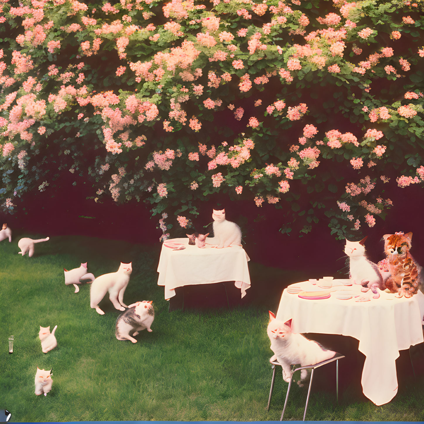 Whimsical cat tea party under blooming rose bush