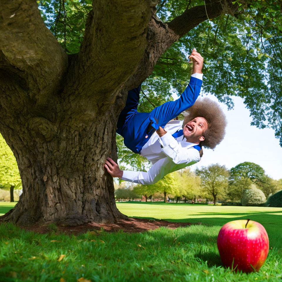 Person in Blue Suit Smiling Upside Down by Tree Branch with Red Apple