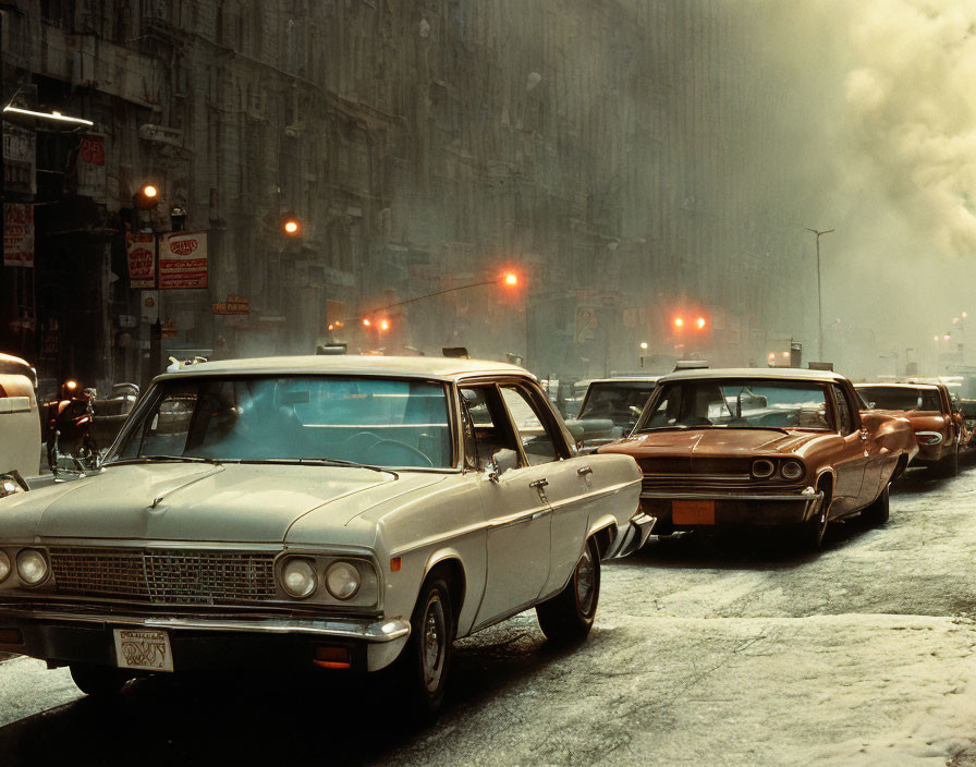 Vintage Cars in Snowy Urban Scene with Glowing Streetlights