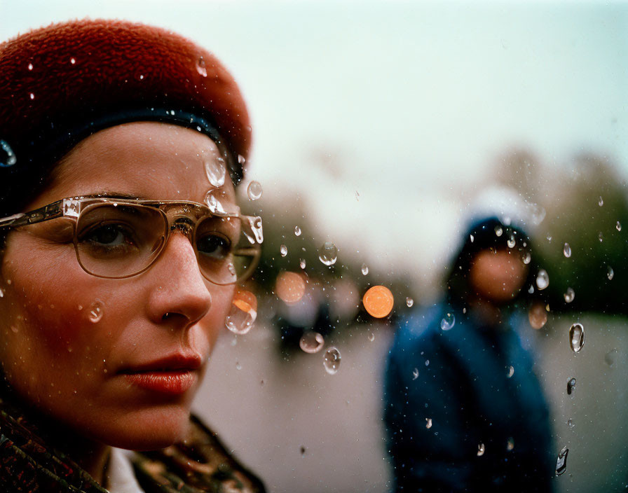 Person with glasses, droplets, blurred figure, and bokeh lights.