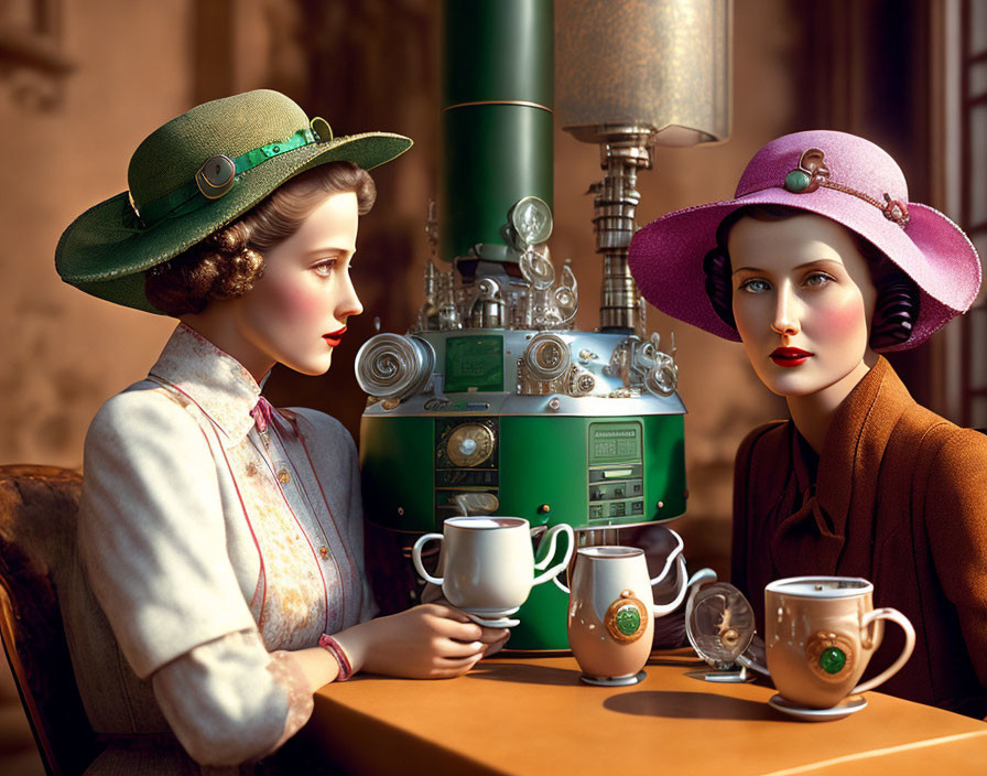 Vintage-style women sitting at table with ornate cups near green retro coffee machine.