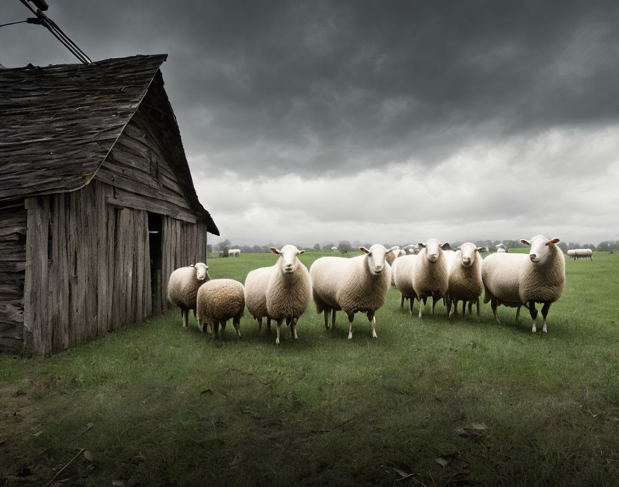 Sheep standing in cloudy field near wooden shed