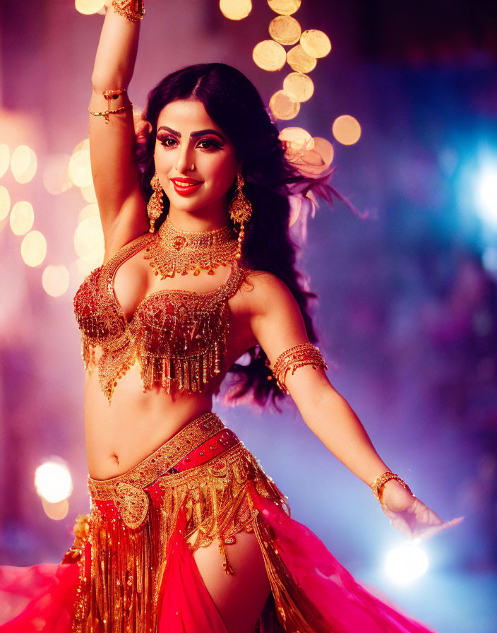 Ornate Belly Dance Attire Woman Poses with Graceful Arms