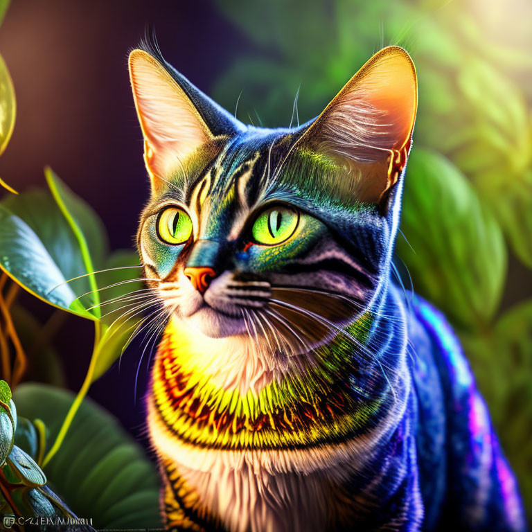 Colorful Digital Art: Cat with Rainbow Stripes and Green Eyes