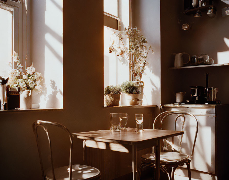 Sunlit Café Corner with Wooden Table, Chairs, Plants, and Coffee Supplies