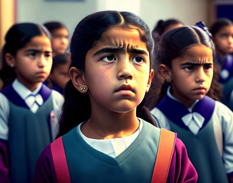 Schoolgirls in uniforms among focused students, one looking up worriedly.