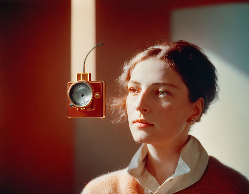 Contemplative woman with vintage camera in warm sunlight