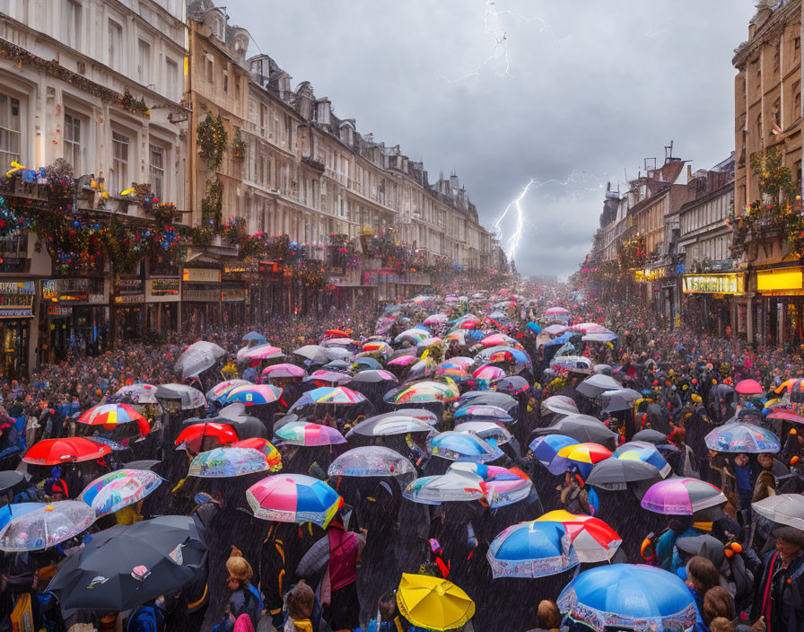 Urban street scene with people under colorful umbrellas in stormy weather