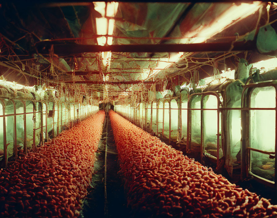 Industrial poultry house with chicken feeders, hanging lights, and ventilation ducts