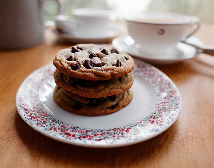 Stack of Chocolate Chip Cookies on Floral Plate with Coffee Cups on Wooden Table