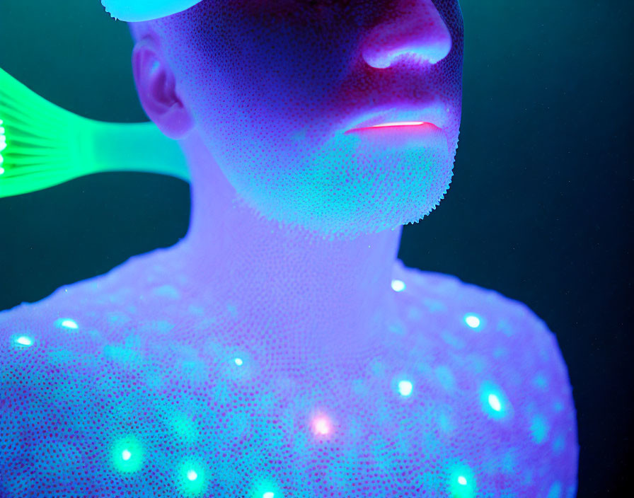 Person under UV light with neon dots on skin and luminous comb-like object