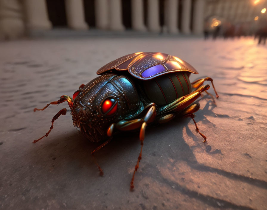 Digitally-rendered metallic beetle on stone surface under warm light