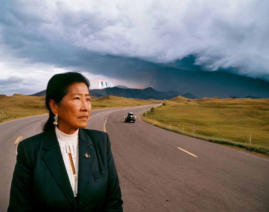 Woman on Road with Stormy Sky and Lightning