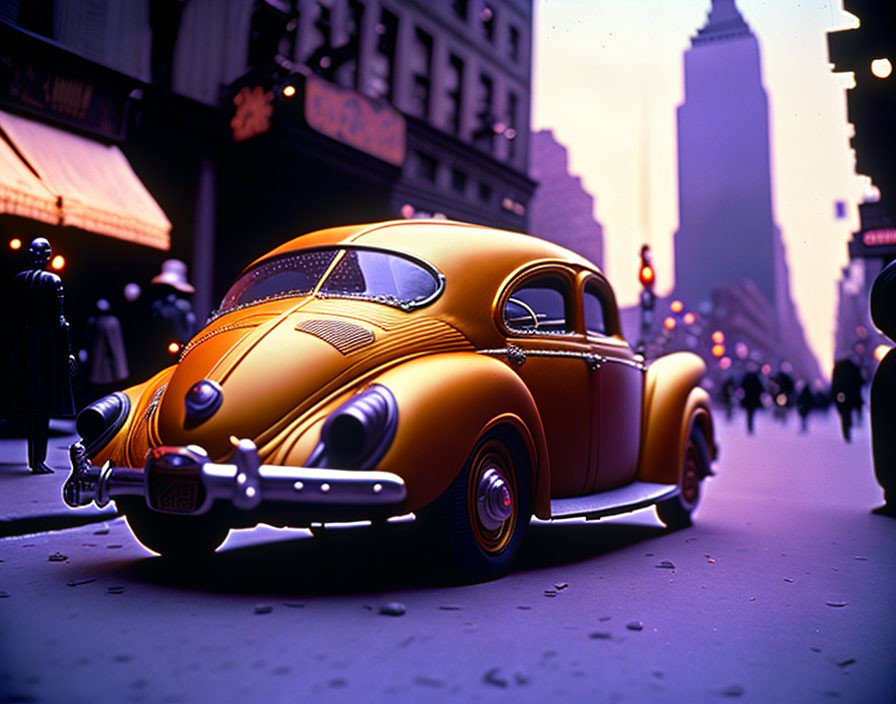 Vintage Golden Car Parked on City Street at Dusk