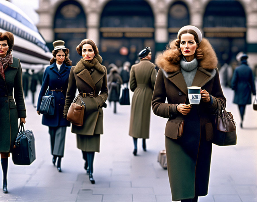 Vintage Clothing Women with Coffee Cups at Train Station